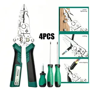 4PCS 8 in 1 Automotive Wire Stripper Pliers – Multi-Tool with Voltage Tester, Wire Cutter Twister & Crimper for Car Electrical Wiring, Auto Repair, RV Boat Maintenance, Mechanic Tool Kit + 3 Screwdrivers