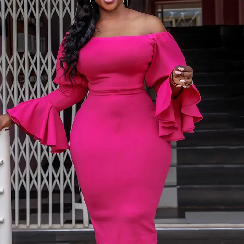 Solid Bodycon Dress for Women - Off-Shoulder Flare Sleeve, Figure-Flattering Mid-Calf Length for Cocktail Parties, Slogan Print, Female
