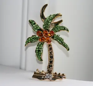 Rhinestone Embellished Tropical Theme Palm Tree Pave Brooch Pin - Lime Green & Brown Rhinestone Fashion Collar Clip Accessory