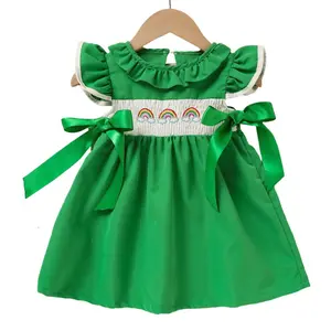 Toddler Girl Green Rainbow Embroidery Ruffled Dress 9M-4Y with Bow Accents and Smocked Detail