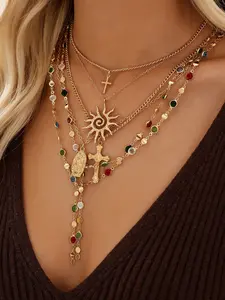 6-Piece Necklace Set, Boho Style, Cross Sunflower Pendant, Y-Chain, Layered, Rhinestone, Long Necklaces, Women's Fashion, Party Gift