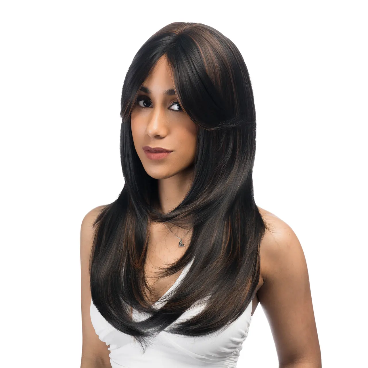 24-Inch Dark Black (Ash Brown Highlights) Straight Wolf Cut Synthetic Wig | 【Heat Resistant】【Cap Included】 | 41FSGB