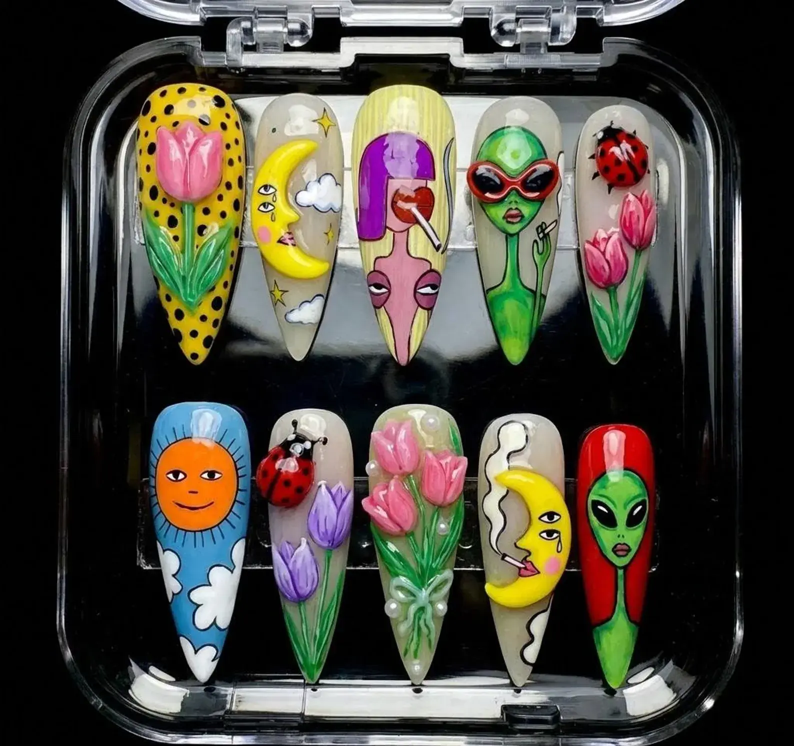 Psychedelic Trippy Press On Nails | Alien, Smoking Moon, 3D Tulips & Ladybug Art | Stiletto Nails For Trippy Pop Art Vibe