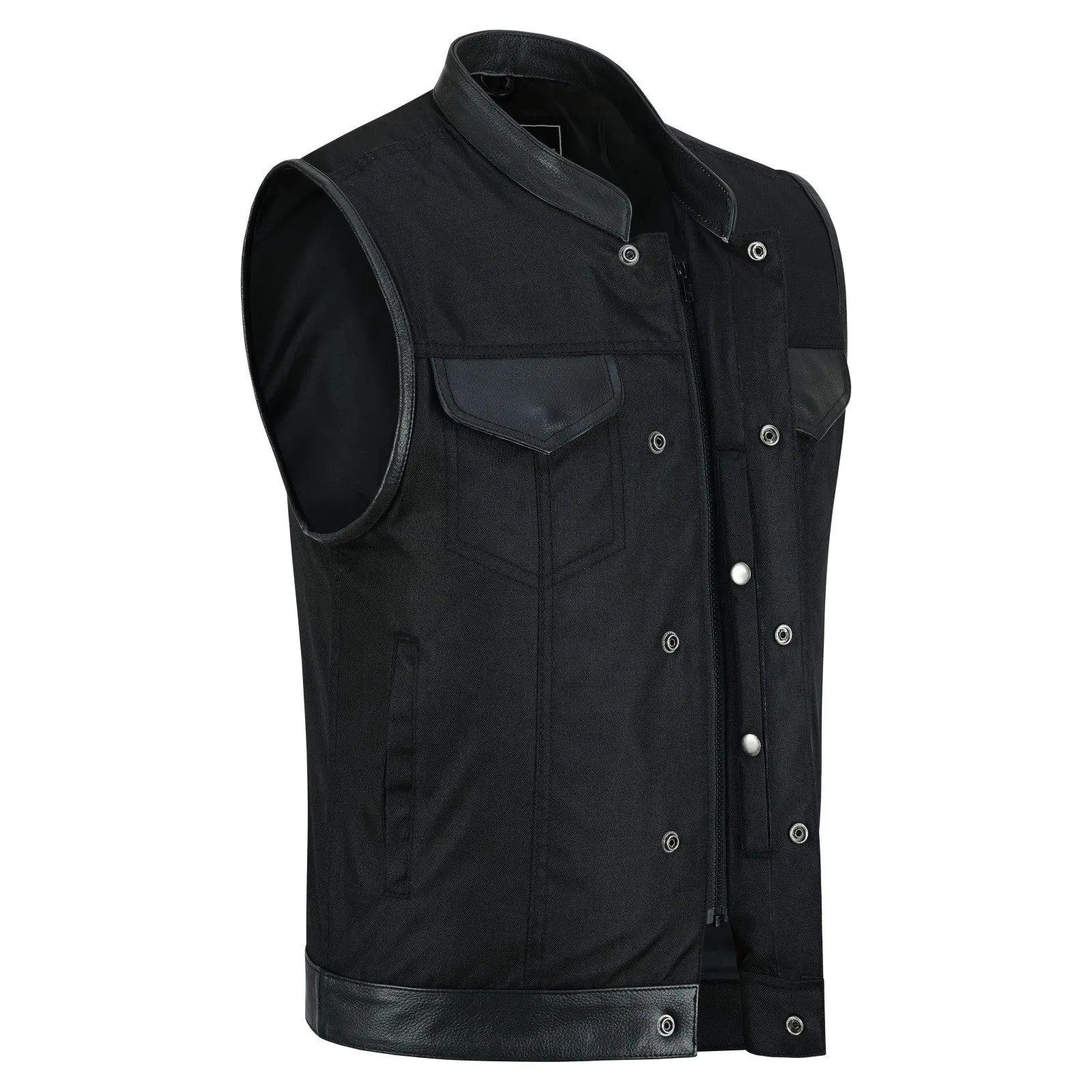 Vance Textile Mens Black SOA Club Style Leather Trimmed Textile Motorcycle Vest w/ Front Zipper and Snap Closure