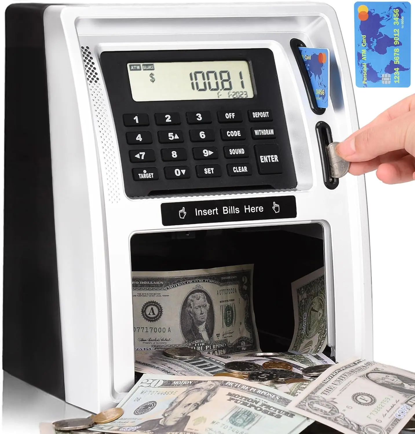 Kids Talking ATM Piggy Bank for Real Money with Dual Debit Cards,-Off Memory, Auto-Opening Drawer, Shutdown, Bill Feeder, Coin Recognition, Calculator Machine