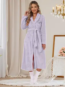Women's Elegant Chic Fitted Bathrobe Loungewear Nightwear, Fall & Winter Warm Soft Cotton Velvet Robe, Heart Embroidered Chest Pocket Design