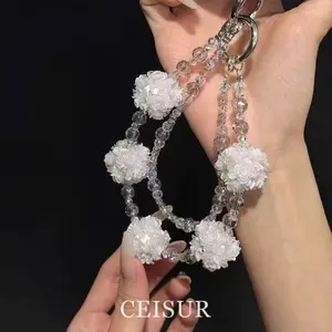 Mobile phone lanyard, luminous color-changing flower ball strap, bag crystal pendant, personalized and stylish car accessory