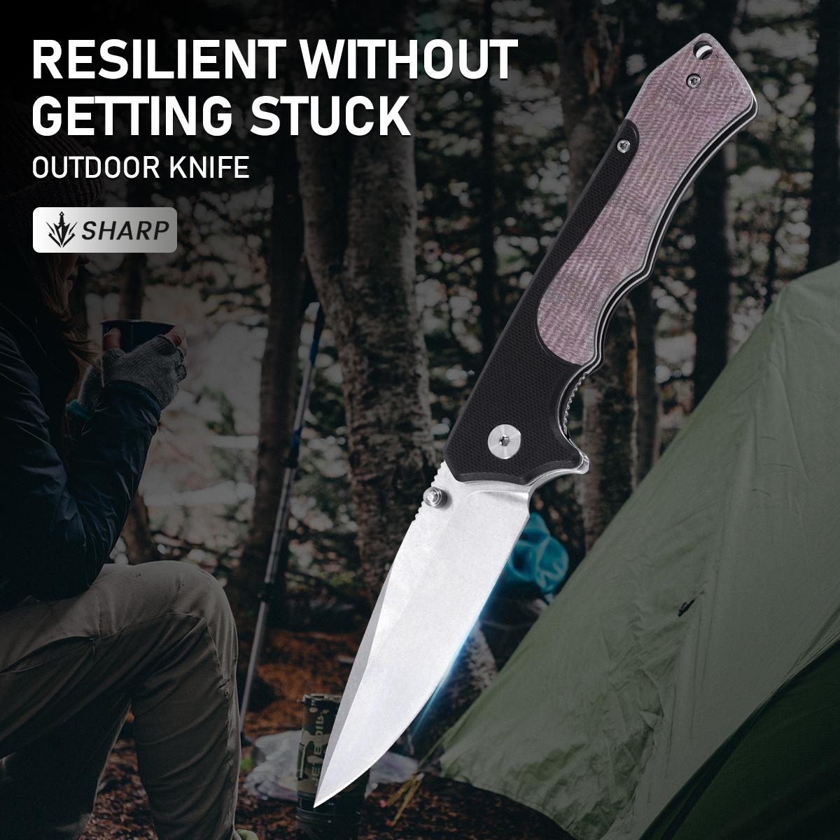 Portable EDC multifunctional tactical outdoor folding knife with a non-slip linen ergonomic handle; convenient pocket/belt clip for easy carry; outdoor cutting tool designed specifically for climbing and fishing; an essential item for camping and hiking.