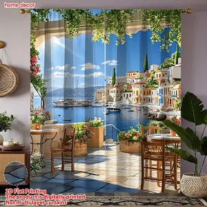 2pcs Sea View Curtain Mediterranean Style 2D Print Living Room Bedroom Decor, High-Quality Polyester Fabric, Privacy & Light Control