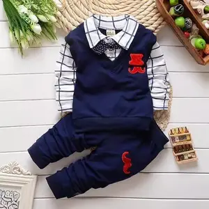 Boys' Spring/Autumn New Big Mustache Long Sleeve Lapel Bow Tie Fashion Set Two-Piece Toddler Boy Outfit