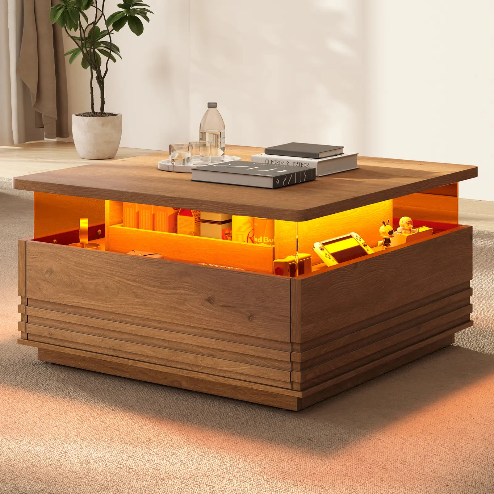 [SummerSale] Sikaic Square Fluted Coffee Table with LED Lights and Storage, Mid Century Modern Center Tables with 2 Drawers, Small Wood Tables for Living Room, Natural Oak, Home Furniture, Dorm Essentials