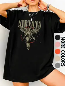 Nirvana Angel Series Women's Oversized Round Neck cotton T-Shirt, Vintage Band Print Short Sleeve Top, Spring Summer Casual Wear NK9