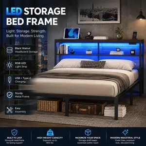 Queen Metal Platform Bed Frame with Storage Headboard, RGB LED Lights, USB & Type-C Charging Station, Heavy Duty Steel Slats, No Box Spring Needed, Black Walnut Style