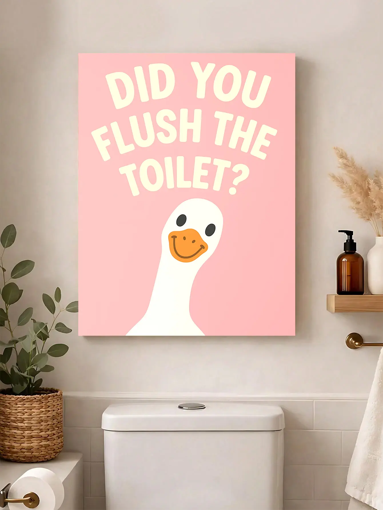 Cute Duck “Did you flush the toilet?” 2D flat canvas wall art, funny bathroom quote poster wall decor, humorous house ornament and wall art decoration, fun print gift for birthdays, indoor wall art for kids’ bathrooms/restrooms