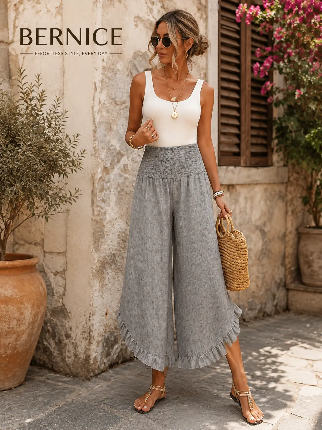 BERNICE Women's High Waisted Smocked Wide Leg Pants – Ruffled Tulip Hem Flowy Boho Casual Summer Beach Vacation Trousers