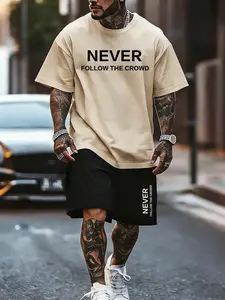 Men's Plus Size Classic Casual Loose Fit English Print Round Neck Short Sleeve T-Shirt and Drawstring Shorts Set, Summer Essential, Menswear, Easy to Match