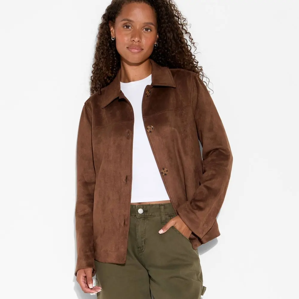 Women's Pointed Collar Faux Suede Chore Coat - Wild Fable