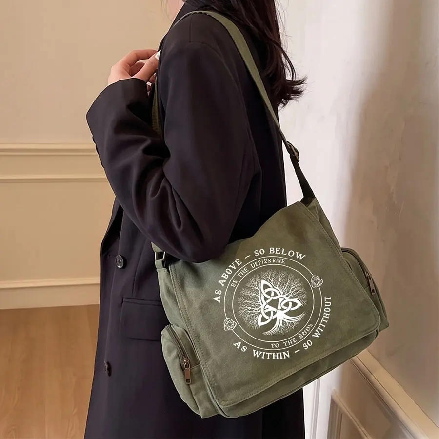 Women's Retro Crossbody Canvas Bag - Large-Capacity, Tree Motif with 3 Knots, Adjustable Shoulder Strap, Flip-Top Design, 2-Color Option, Philosophical Universe Text Print, Boho Shoulder Bag, Crossbody Satchel
