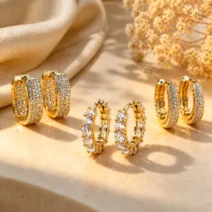 Women's 3-Pair Gold Hoop Earrings Set, Dainty Cubic Zirconia Huggie Plug Earrings for Female, Minimal Sparkly Everyday Jewelry, Mother's Day Gift for Mom