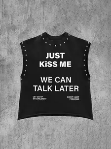 Men's Rivet Sleeveless T-Shirt, Just Kiss Me Casual Letters Print, Graphic Design, Loose Fit, Casual Style, Daily Wear, Trendy Party