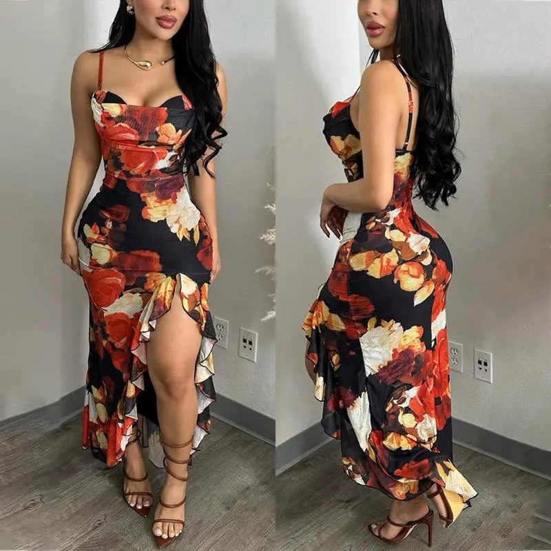 CHICME Women's Floral Print Mesh Dress Ruffle Hem High Slit Mermaid Cami Dress/Summer Dress Sexy Sleeveless Bodycon Party Guest Dress