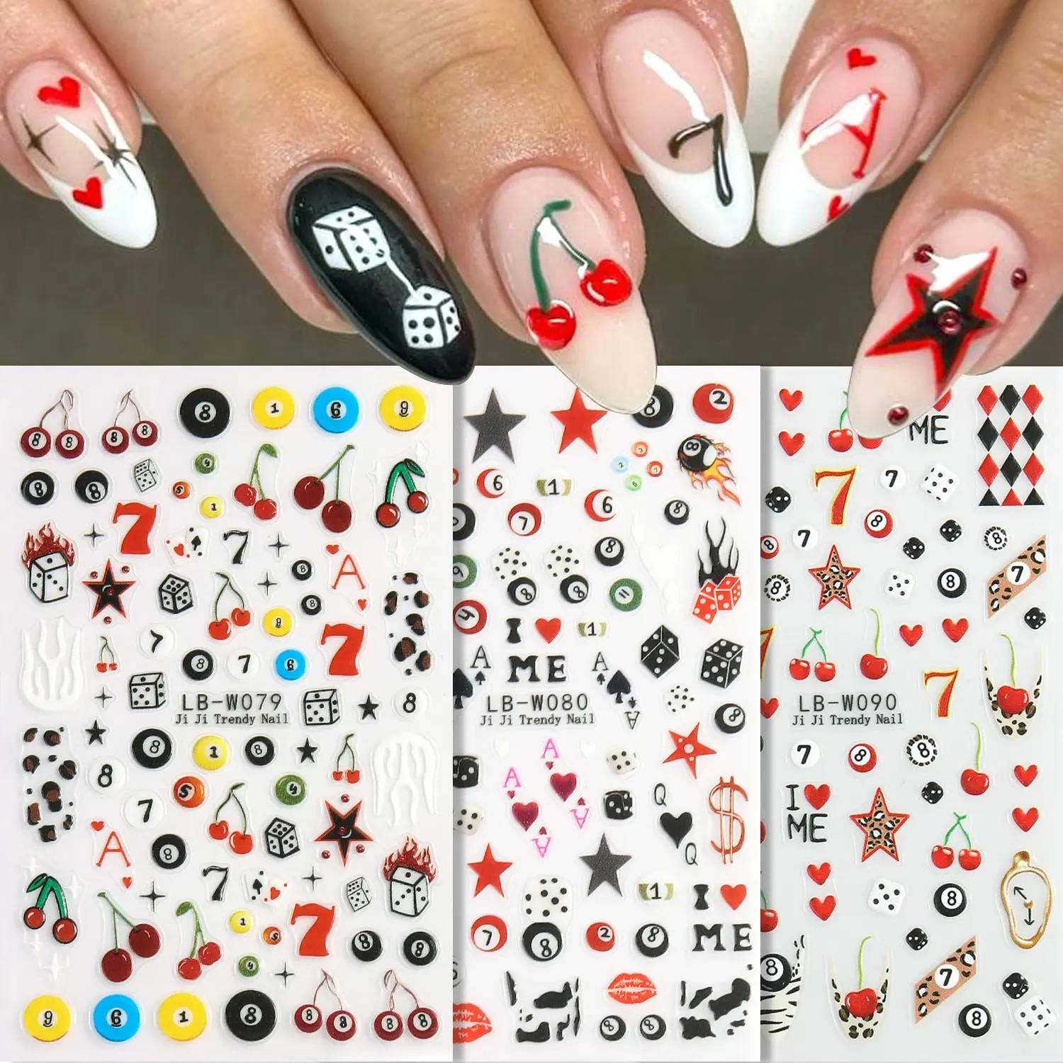 3PCS Vegas Casino Style Nail Sticker Set, 3D Dice, Lucky Number 7 & Cherry Nail Decals, Self-Adhesive Nail Sliders for DIY Manicure, Gaming Nail Art, Nail Design, Gambling Theme Nail Art Decorations
