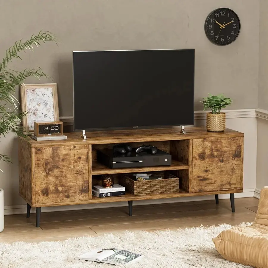 Sturdy 65-70 Inch Freestanding Modern Metal TV Stand - Indoor Furniture Media Console with Custom Moldings, Open Shelves, Storage Cabinet, Extra Storage for Living Room Home Entertainment Center