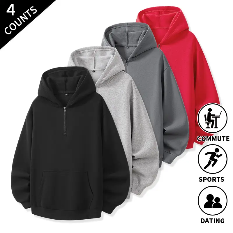 4-Pack Plain Solid Half-Zip Hoodie Pullover Sweatshirts for Men, Hooded Design with Front Pocket, Perfect for Matching Everyday Casual Outfits
