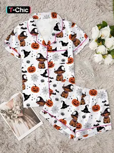 Women's Halloween Party Pajama Set Outfit, Nightwear, Matching Cute Animal Print Bat Short Sleeve Shirt & Elastic Waist Shorts, Comfortable Casual Loungewear Home Wear