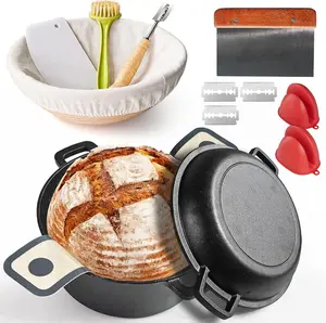 Cast Iron Dutch Oven for Bread Baking - 5QT/3.4QT Cast Iron Bread Pan with Lid, Baking Supplies like Banneton Bread - Proofing Basket, Sour Dough Tools Set Includes Lame Supplies,Kitchen Cooking Pan, Gifts for Baker