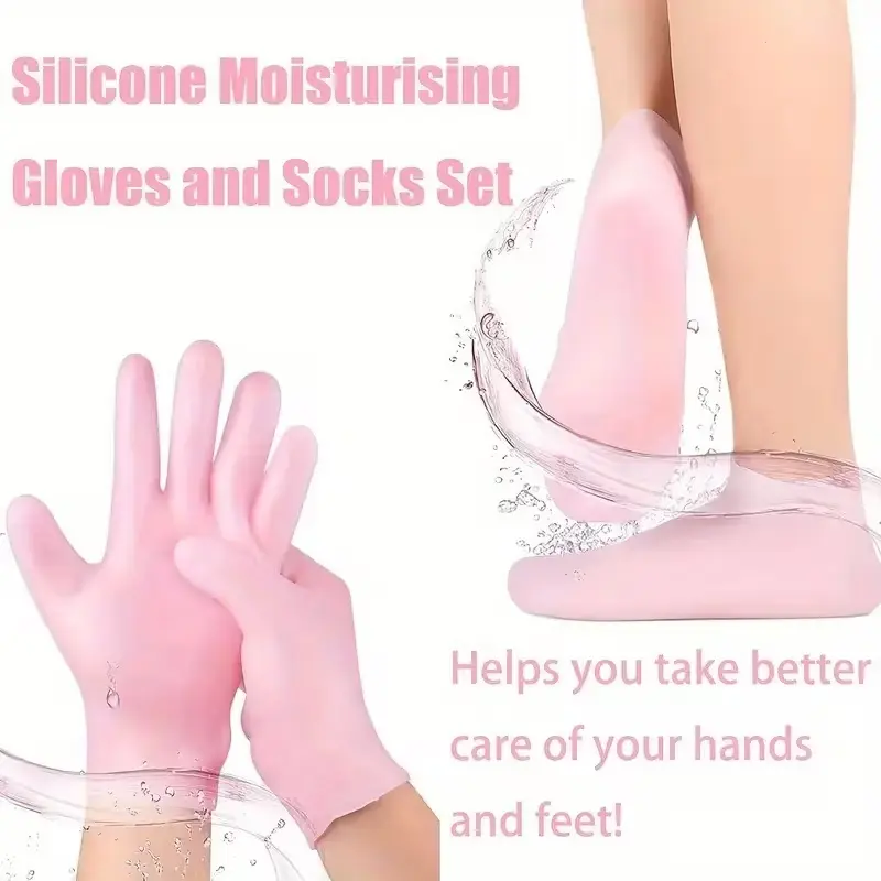 4-Pack Silicone Socks Moisturizing Hydrating Set, 1 Pair Gloves & 1 Pair Foot Socks, Odorless, Super Stretchy, Anti-Slip, Perfect for Dry Feet, Hydrate