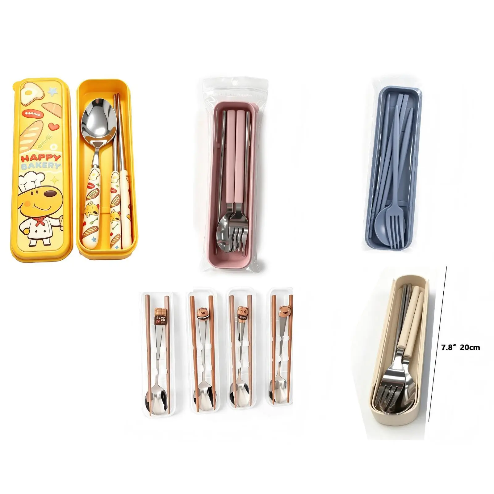 4Sets Portable Reusable Stainless Steel Travel Utensil Set with Wheat Straw Case, Spoon Fork Chopsticks Cutlery Kit, Minimalist Matte & Kawaii Bear Style Flatware for Student Lunch Box Picnic Camping