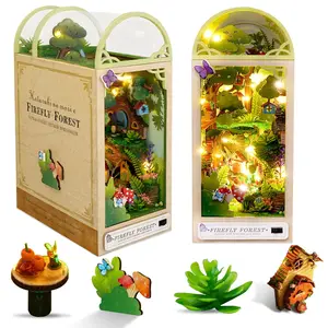 DIY Country Style Wooden Book Nook Kit with LED Light, 1 Set 3D Wooden Puzzle, 3D Desktop Decoration Ornament, DIY Model Kit for Bookshelf Decoration
