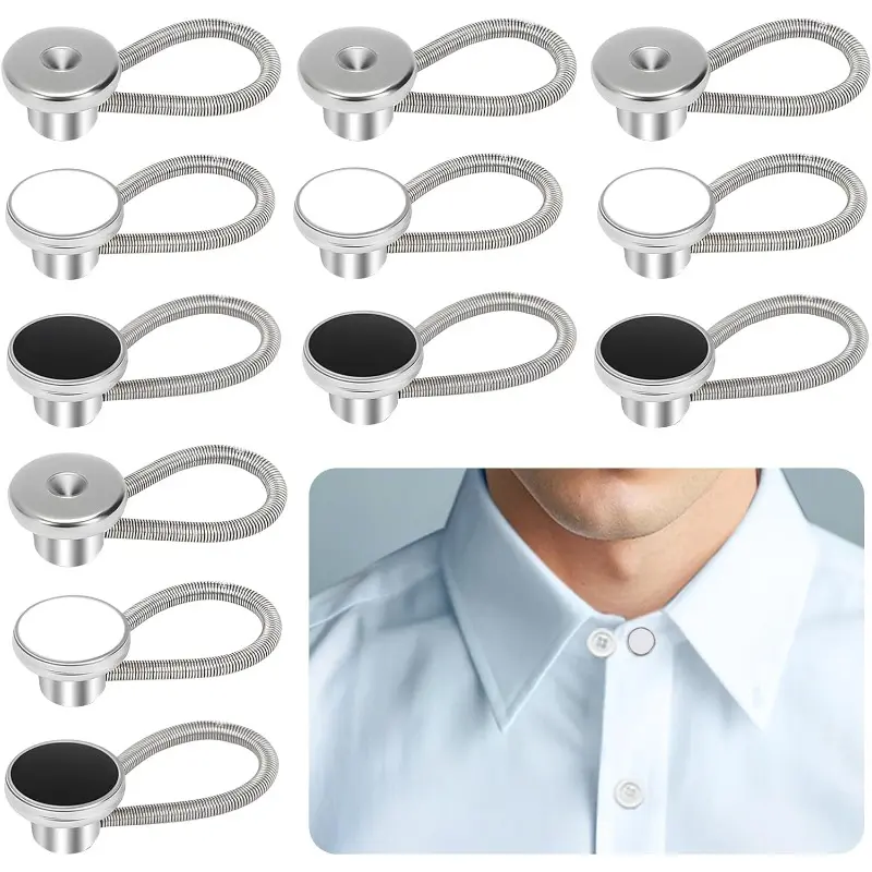 12 Pcs Elastic and Adjustable Collar Extenders for Mens Shirts, Comfortable Neck Button Extenders for Mens Dress Shirts and Suits Cuffs, Tie Collar Extender, Metal Button, 3 Colors(Black, White, Silver)