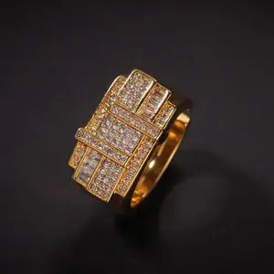 [ICE HUE] Unisex Geometric Design Ring, 18K Gold Vacuum Plated Copper with 5A+ Sri Lanka Zircon Intertwined Squares & Circles, Miami-Italy-Mexico & Micro Inspired Luxury Costume Jewelry, Daily Wear Gift Idea