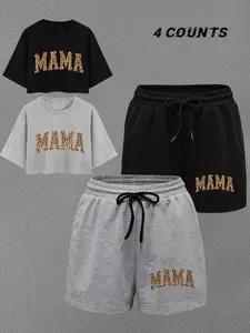 Women's Letter & Leopard Print Short Sleeve Crop Tee & Wide Leg Shorts Two-Piece Set, Casual Fashion Round Neck T-shirt & Shorts for Daily Outdoor Wear, Ladies Summer Clothes