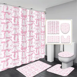 Bow Pattern Bathroom Accessories, 1 Set Shower Curtain & Toilet Mat & Bath Mat & Toilet Lid Cover, Bathroom Decor Supplies, Shower Curtain Sets