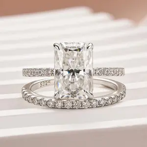 Effinny Jewelry 3.5ct Synthetic Moissanite Radiant Cut 2PC Wedding Ring Set, S925 Sterling Silver Golden Travel Ring for Daily Wear