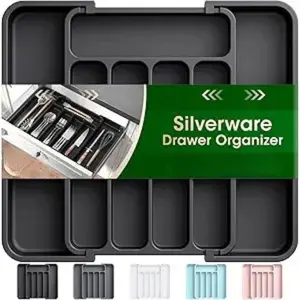 [New Deal] Silverware Organizer - Expandable Kitchen Drawer Organizer for Forks, Knives, and Multipurpose Storage, Black