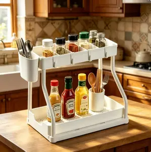 " 2-Tier Spice & Condiment Organizer Rack – Multi-Functional Kitchen Storage for Bottles, Spices, Sauces, and Utensils, Space-Saving, Sturdy Design for Countertop & Cabinet, Easy Access and Organization! "