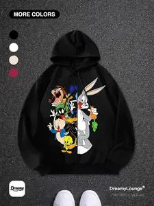 Classic Looney Tunes Rabbit Print Loose Hoodie, Casual Breathable Sweatshirt for Daily Wear, Outdoor Sports, Home Clothing