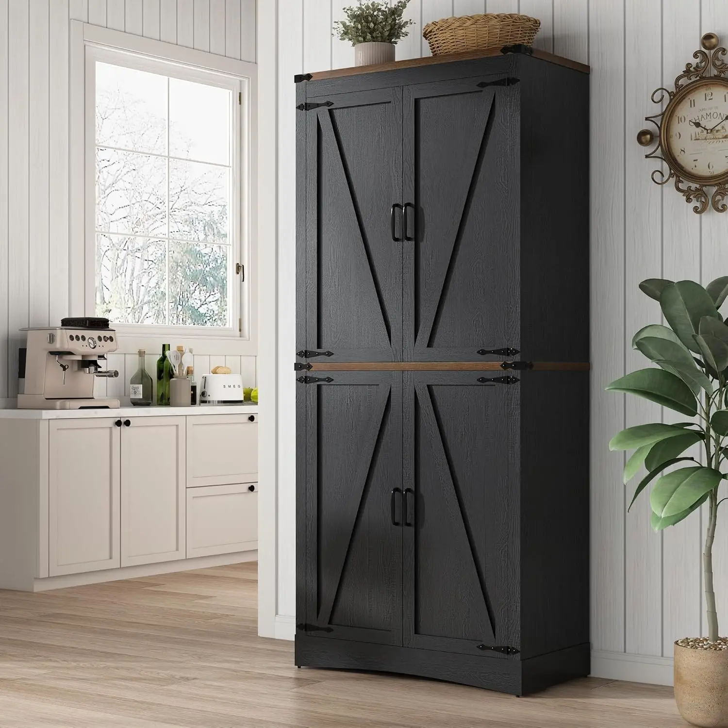 71in Farmhouse Kitchen Pantry Cabinet,Tall Storage Cabinet with 4 Doors/6 Doors and Adjustable shelves,with Load-Bearing Steel Pipe,Wood Storage Cabinets for Kitchen,Dining Room,Bathroom