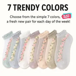 Floral Lace Women's Spring Summer Ankle Socks [10-pair pack] - Cute Cotton Sole Sweat-Wicking Breathable Socks (One size)