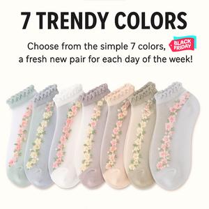 Floral Lace Women's Spring Summer Ankle Socks [10-pair pack] - Cute Cotton Sole Sweat-Wicking Breathable Socks (One size)
