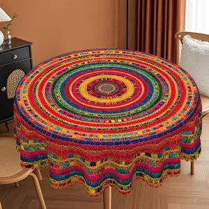 1pc Retro Tablecloth Vibrant Bohemian Moroccan Style Round Tablecloth, Colorful Striped Printed Tablecloth, Rectangular and Round Table Cloth, Perfect for Indoor/Outdoor Dining, Home Decor, and Holiday Gifts table  linens