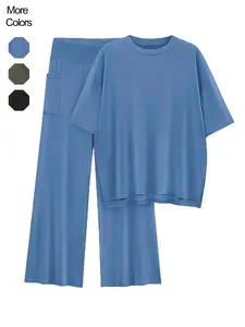 Women's Casual Basic Solid Two-Piece Matching Outfit Set, Short Sleeve Pullover Sweater Top & Wide Leg Pants, Loose-Fit Home Wear, All Season Comfortable Womenswear