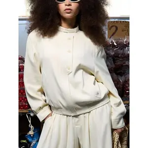 Women's Long Sleeve Top Bomber Jacket Cream Stand Collar Jacket Zip Up Jacket Oversized Coat Fashion 2025 Women's Buttoned Outerwear Streetwear Aviator Jacket Woman