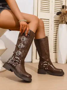 Women's High-Top Fashion Boots, Western Cowboy Boot, Round Toe Metal Buckle Rivet Decor, Winter Outdoor Casual Comfortable Stylish Women's Boots