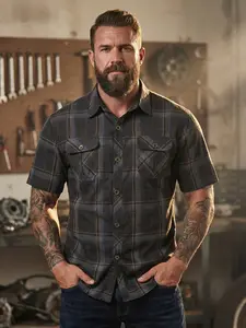 Men's Rugged American Workwear Short Sleeve Plaid Shirt, Dual Patch Pockets, Durable Wrinkle-Resistant Fabric, Tough & Practical for Work