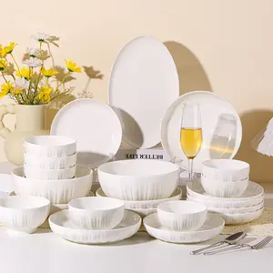 12pcs Commercial Grade Ceramic Dinnerware Set, Heavy-Duty Restaurant Plates, Bowls & Spoons, Dishwasher Safe, No Assembly Needed